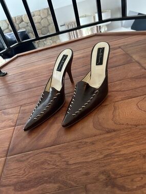 David Aaron Vintage Italian Brown Leather Stitched Mule Pointy Toe Size 37